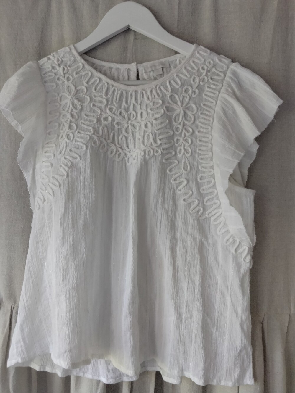 Women’s White/ Silver Sparkle Embroidered Flutter Sleeve Top